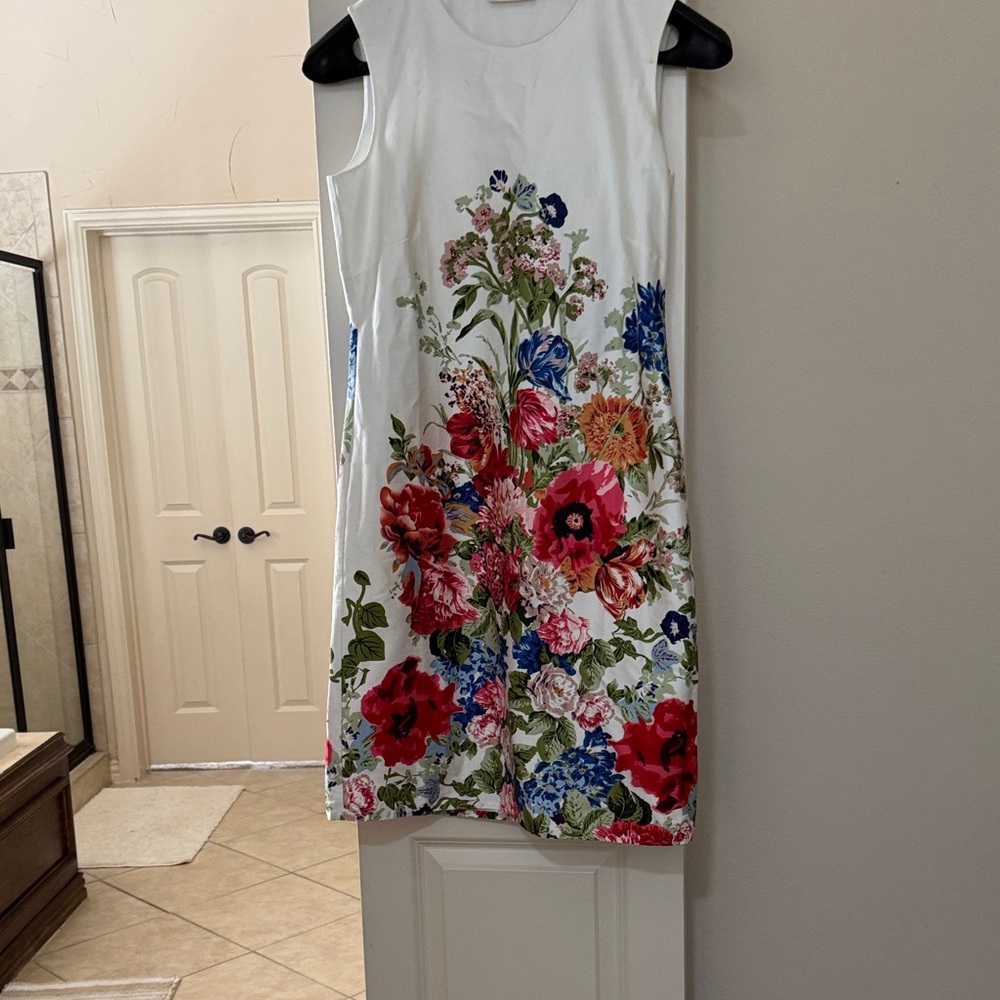 Norm Thompson White Sleeveless Midi Dress with Multicolor Floral Print